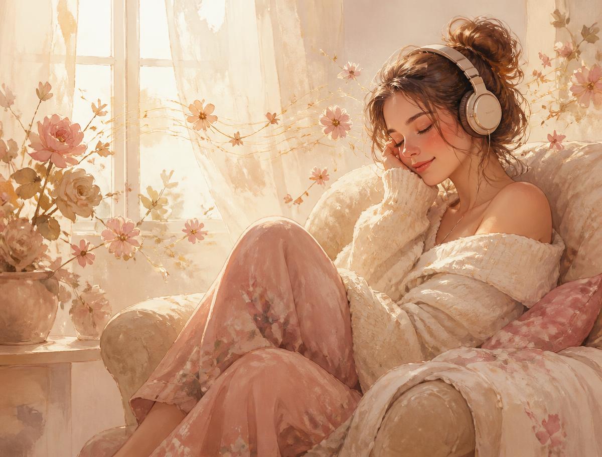 A woman listening on headphones in a sunlit armchair with flowers drifting around her