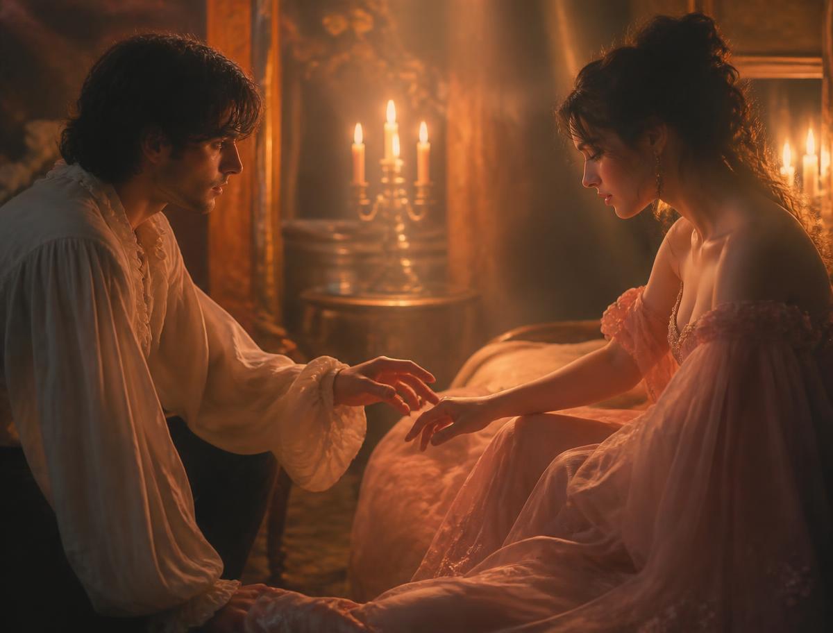 A candlelit romantic scene of two lovers reaching for each other's hands