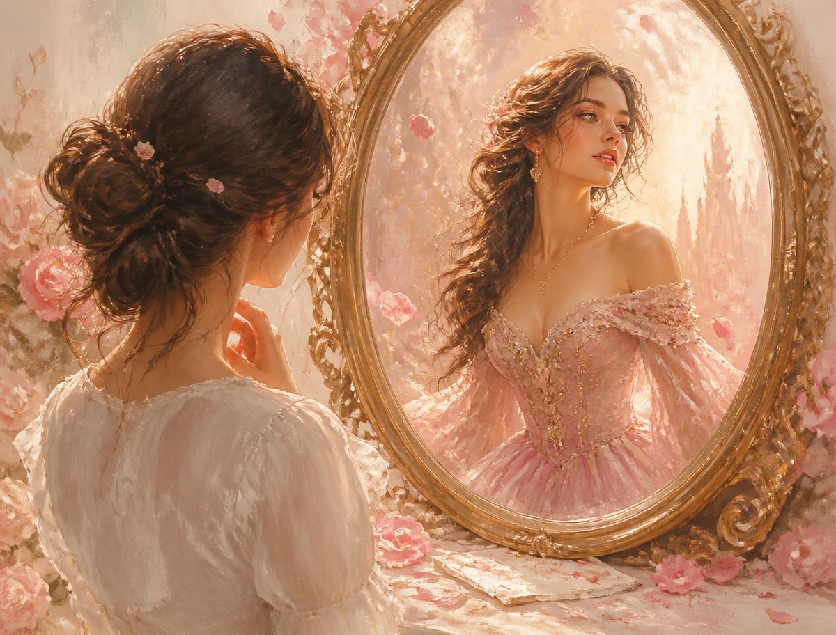A woman seeing herself in a mirror as an elegant heroine in a flowing gown