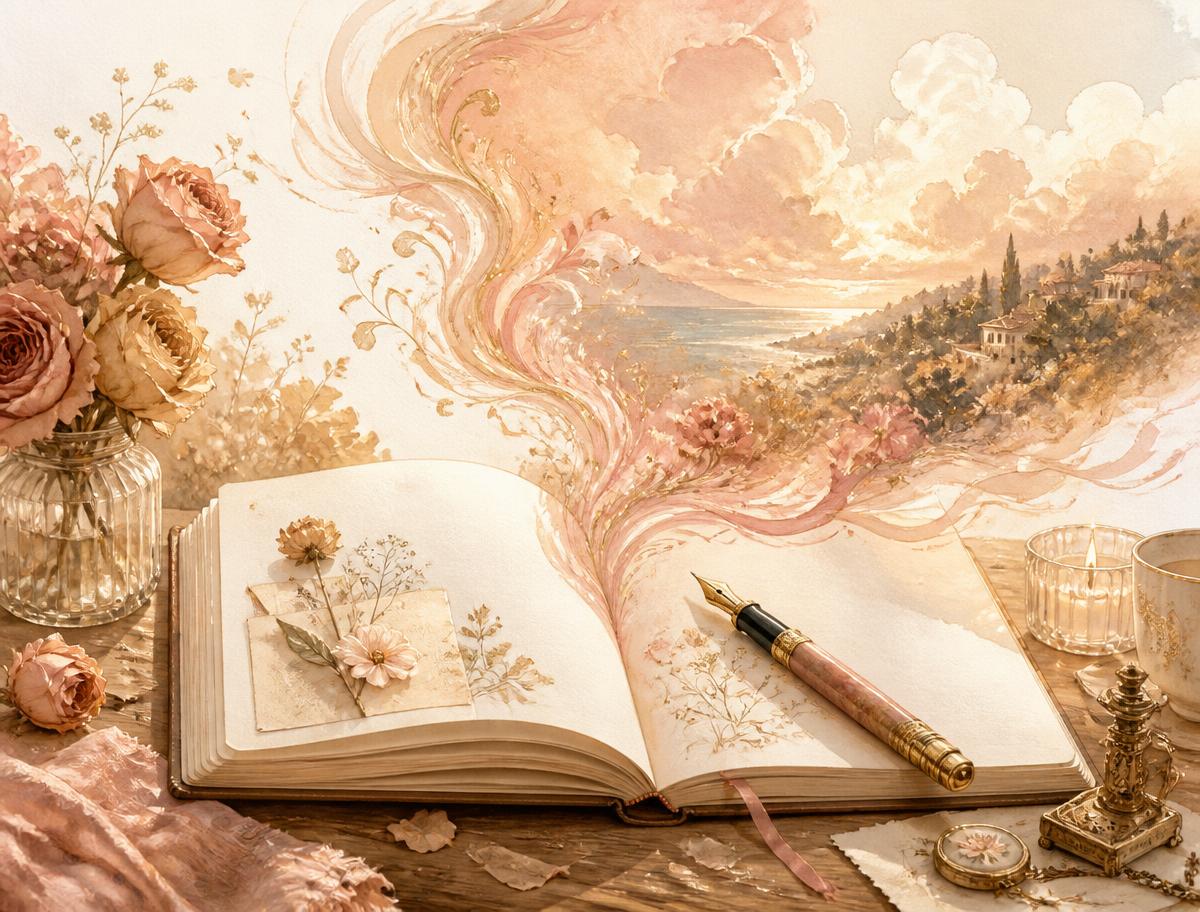 An open journal on a sunlit desk with roses and a story world blooming from its pages